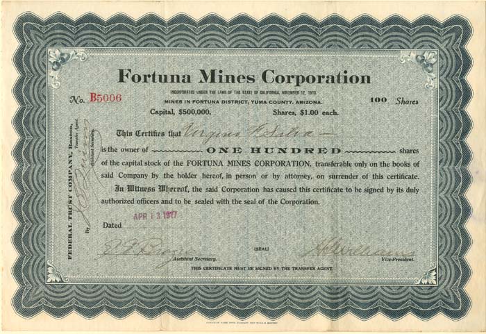 Fortuna Mines Corporation - Stock Certificate